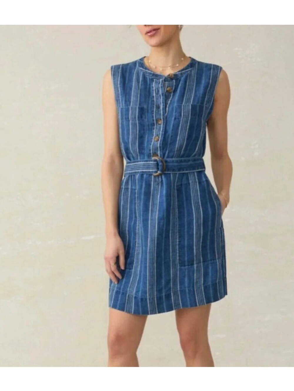 Faherty Avalon Dress 100% Linen Blue Dockside Stripe Sz M